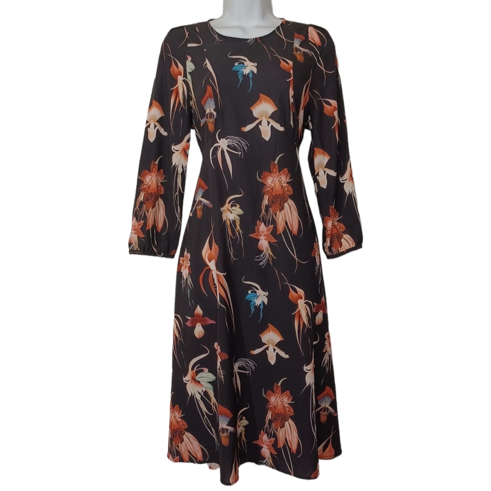 H&M Orange Blue Floral Print Long Sleeve Black Midi A-Line Dress 8 Medium